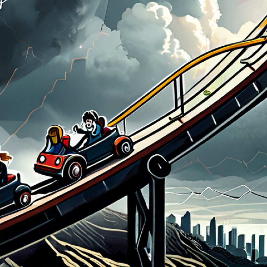 **Image Prompt:** A rollercoaster car filled with diverse people (representing investors), some looking fearful, some determined, as the car climbs a steep incline labeled "Long-Term Growth." In the background, a stormy financial landscape with charts and graphs. The overall tone is hopeful but realistic. Style: Digital art, illustration.