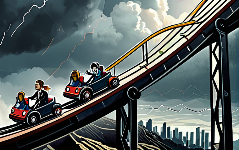 **Image Prompt:** A rollercoaster car filled with diverse people (representing investors), some looking fearful, some determined, as the car climbs a steep incline labeled "Long-Term Growth." In the background, a stormy financial landscape with charts and graphs. The overall tone is hopeful but realistic. Style: Digital art, illustration.